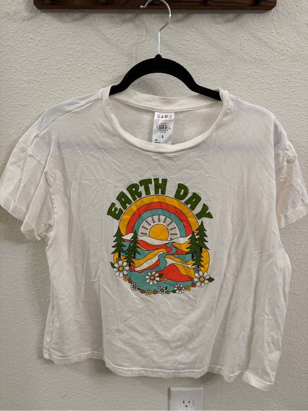 Serra White Earth Day Graphic Tee with Green, Yellow, Orange and Teal